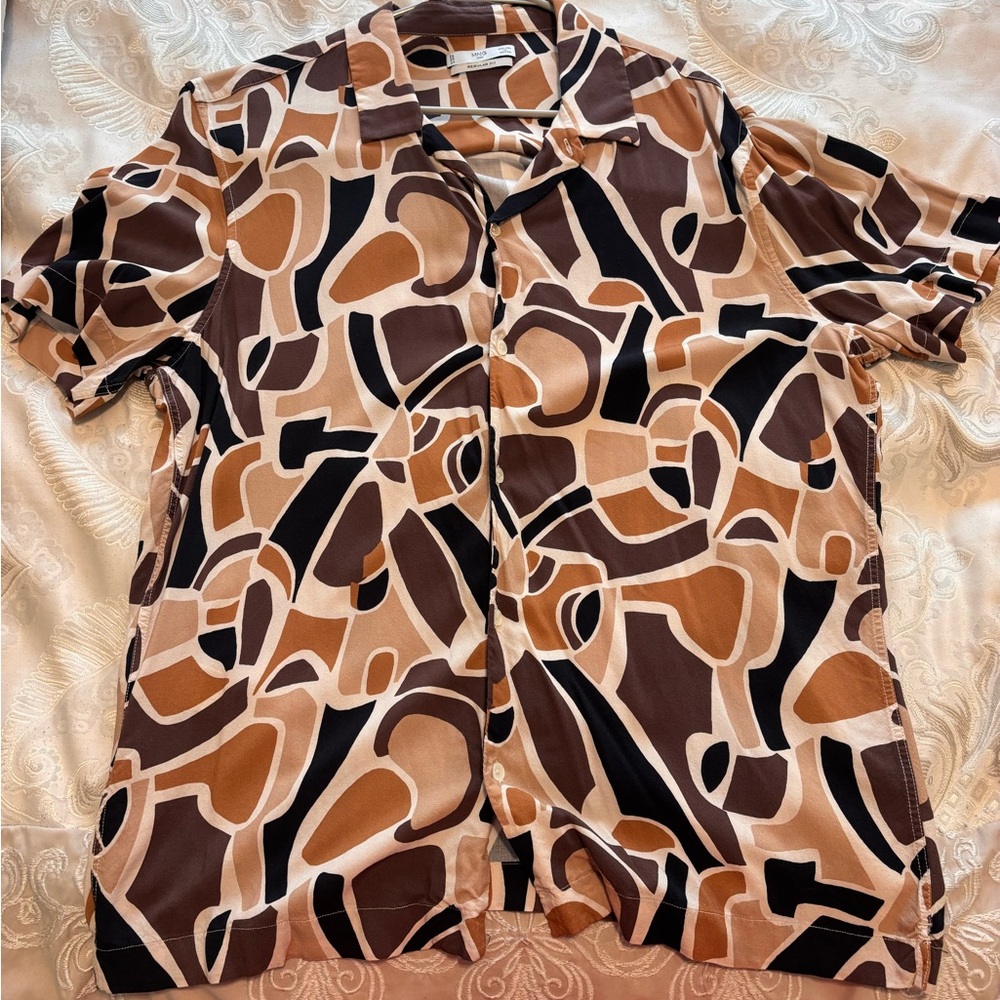 Mango Short Sleeve Button-Down Shirt - Brown Black Cream